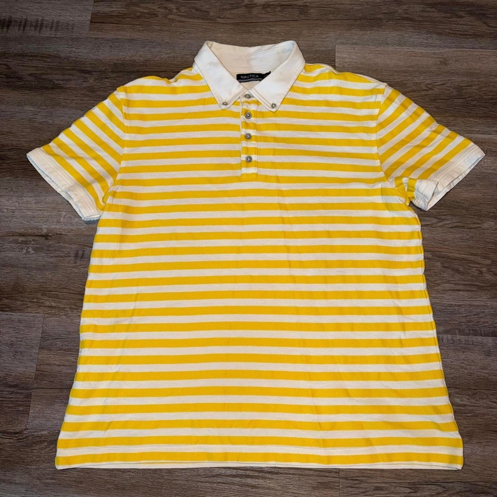 Nautica Shirt Polo Striped Yellow White Mens Large Short Sleeve Casual Cotton